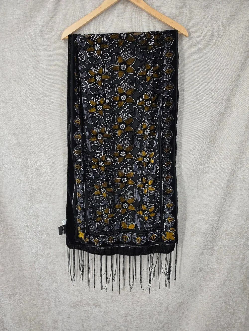 Silk Chiffon with Black Velvet Burnout Scarf with Gold Floral